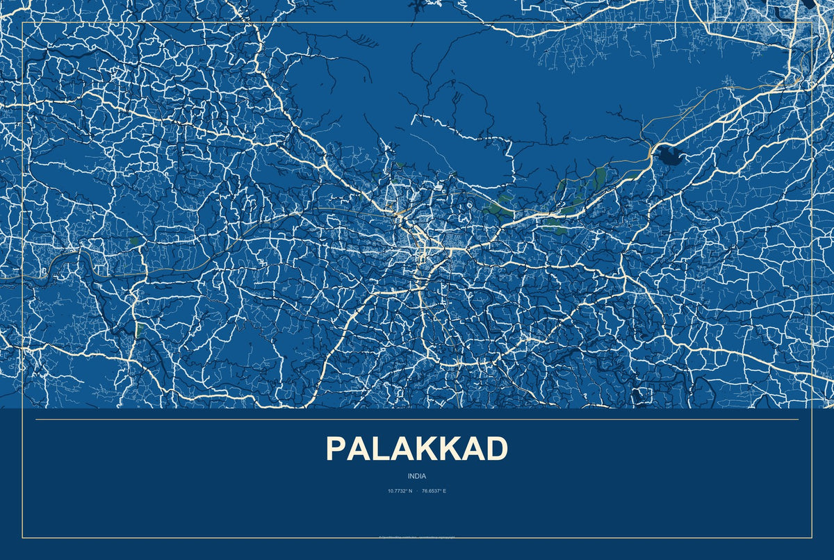 Palakkad, India City Map Aluminum Sign in Harbor Cobalt style