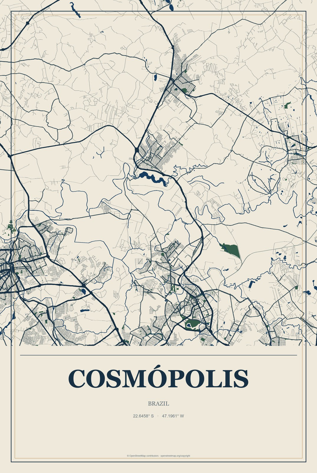 Cosmópolis, Brazil City Map Aluminum Sign in Coastal Cutout style