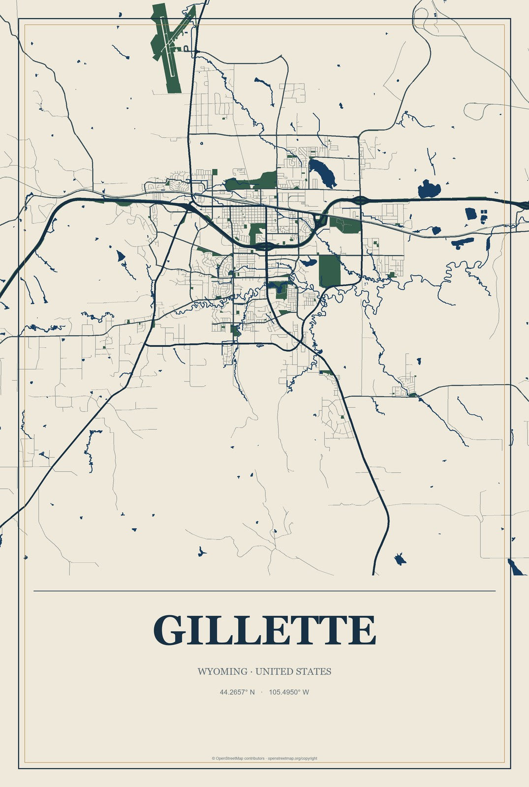 Gillette, Wyoming City Map Aluminum Sign in Coastal Cutout style