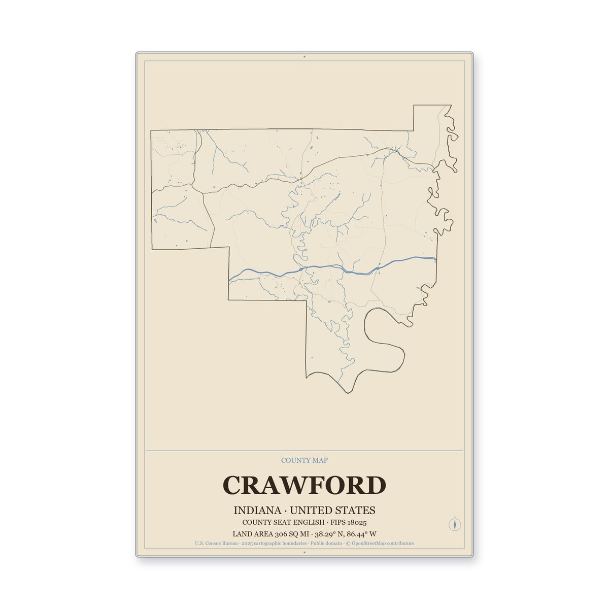 Crawford County, Indiana Map Aluminum Sign in Heritage Nautical style
