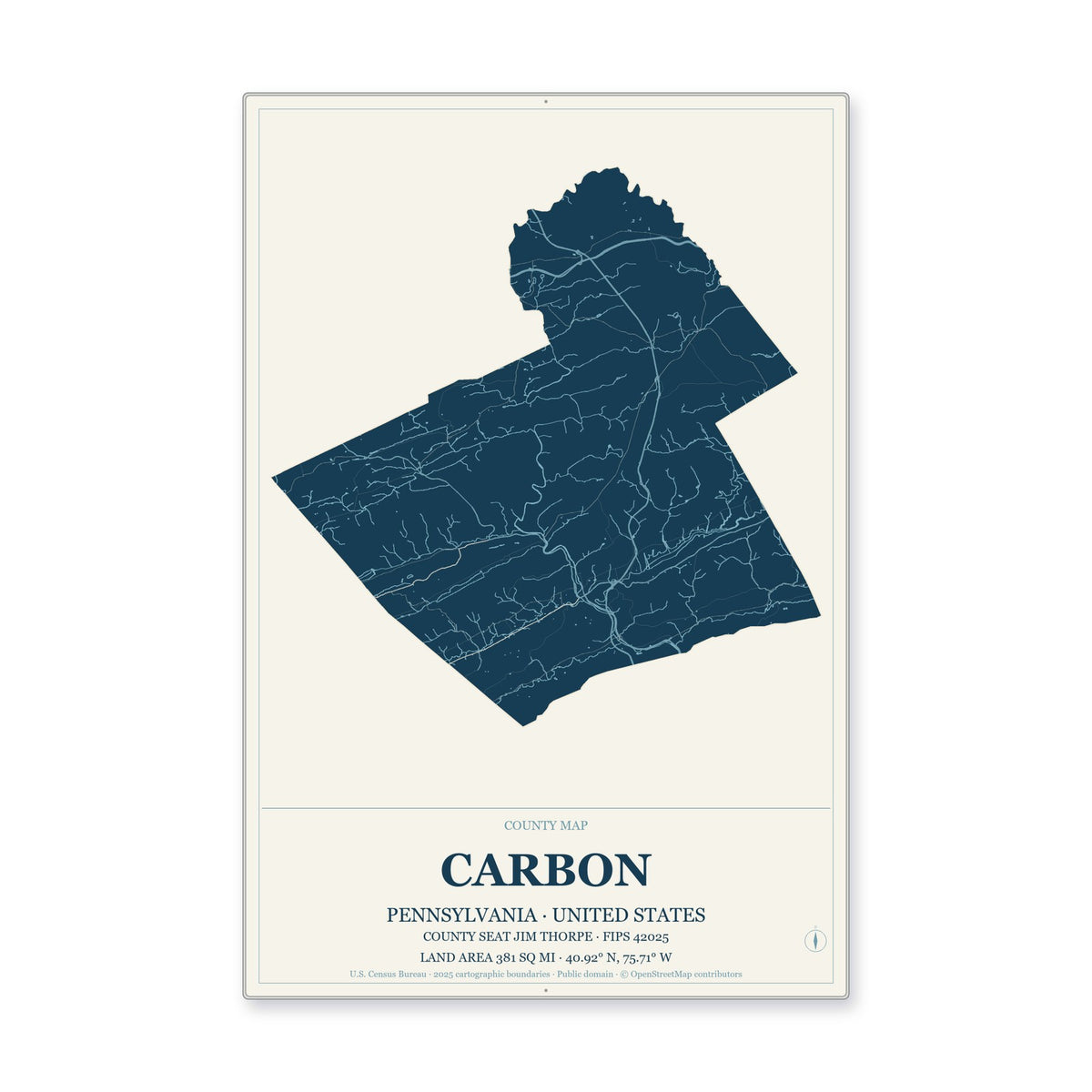 Carbon County, Pennsylvania Map Aluminum Sign in Coastal Cutout style