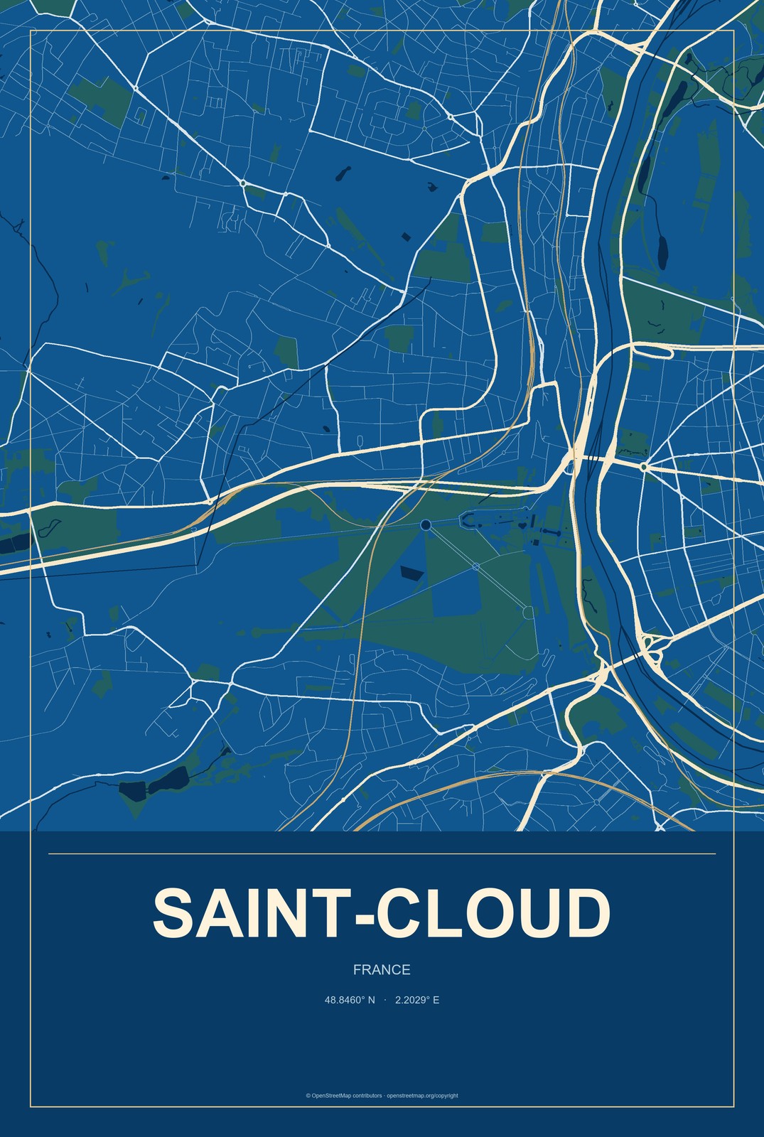Saint-Cloud, France City Map Aluminum Sign in Harbor Cobalt style