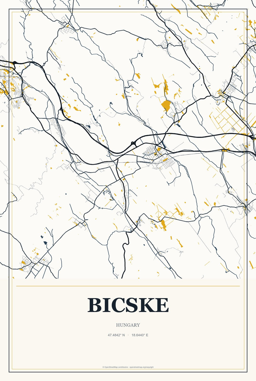 Bicske, Hungary City Map Aluminum Sign in Citrine Modern style