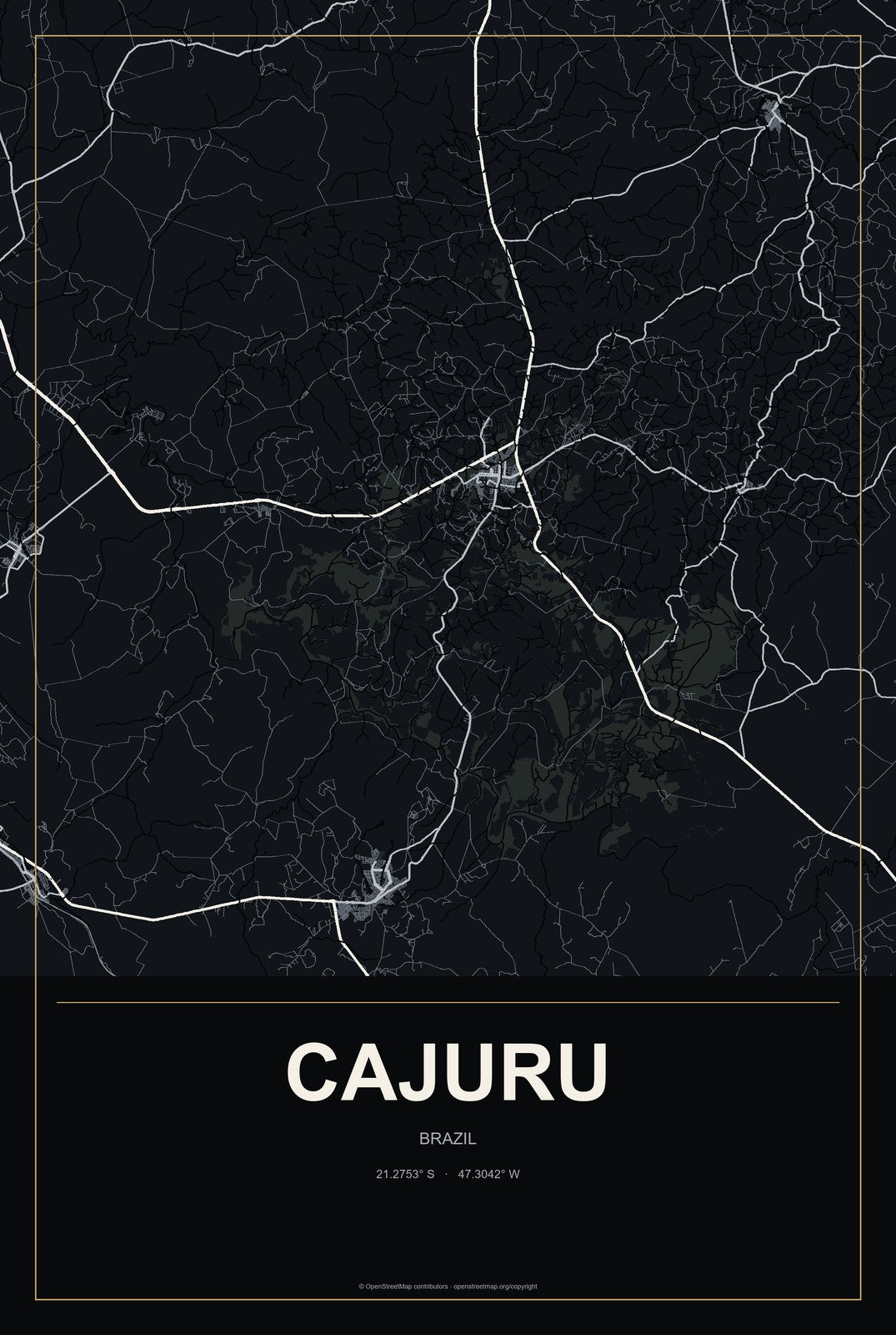 Cajuru, Brazil City Map Aluminum Sign in Metropolitan Noir style