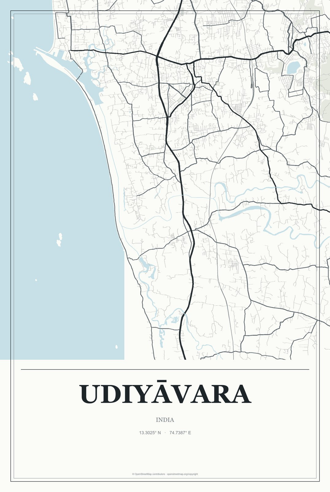 Udiyāvara, India City Map Aluminum Sign in Gallery Air style
