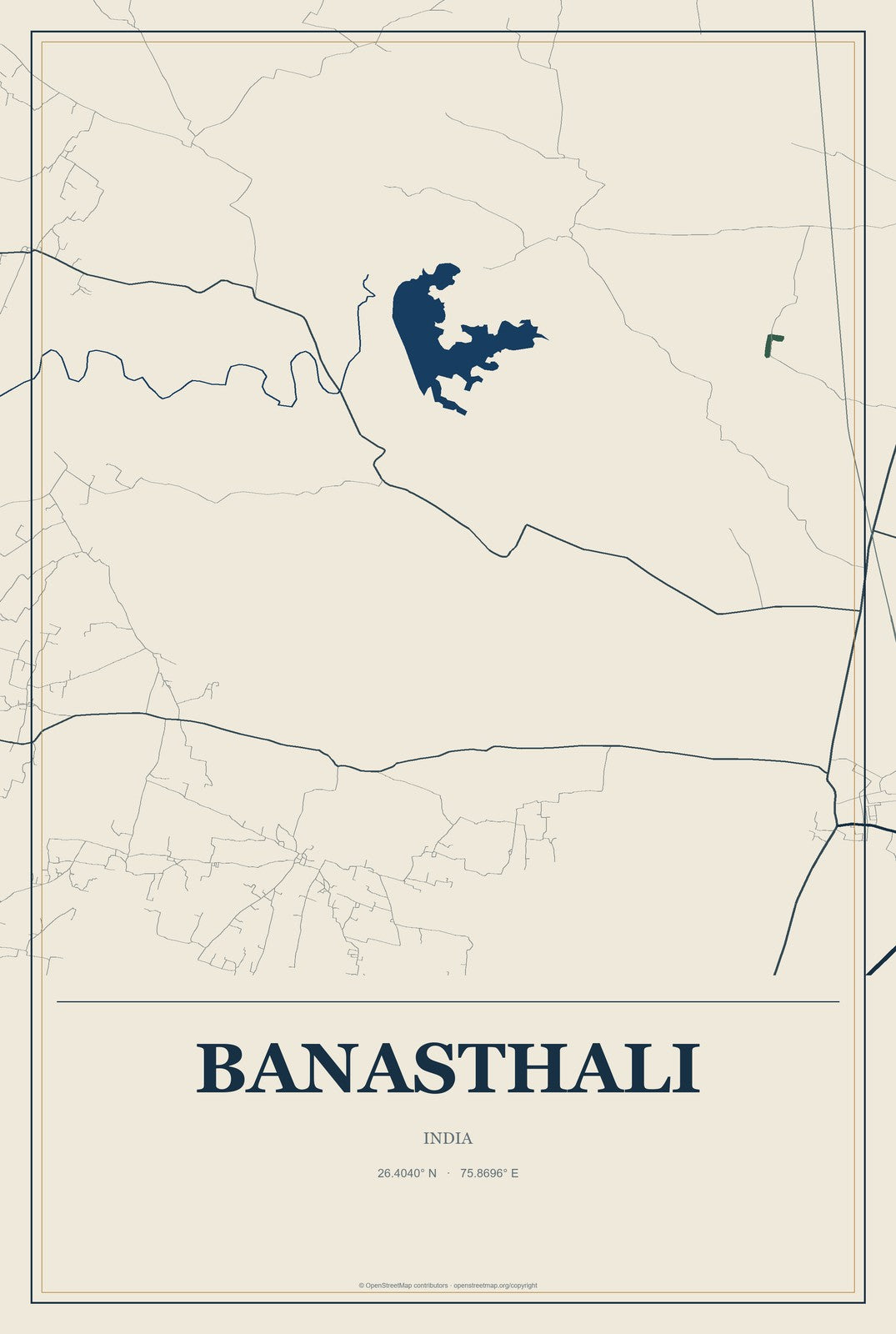 Banasthali, India City Map Aluminum Sign in Coastal Cutout style