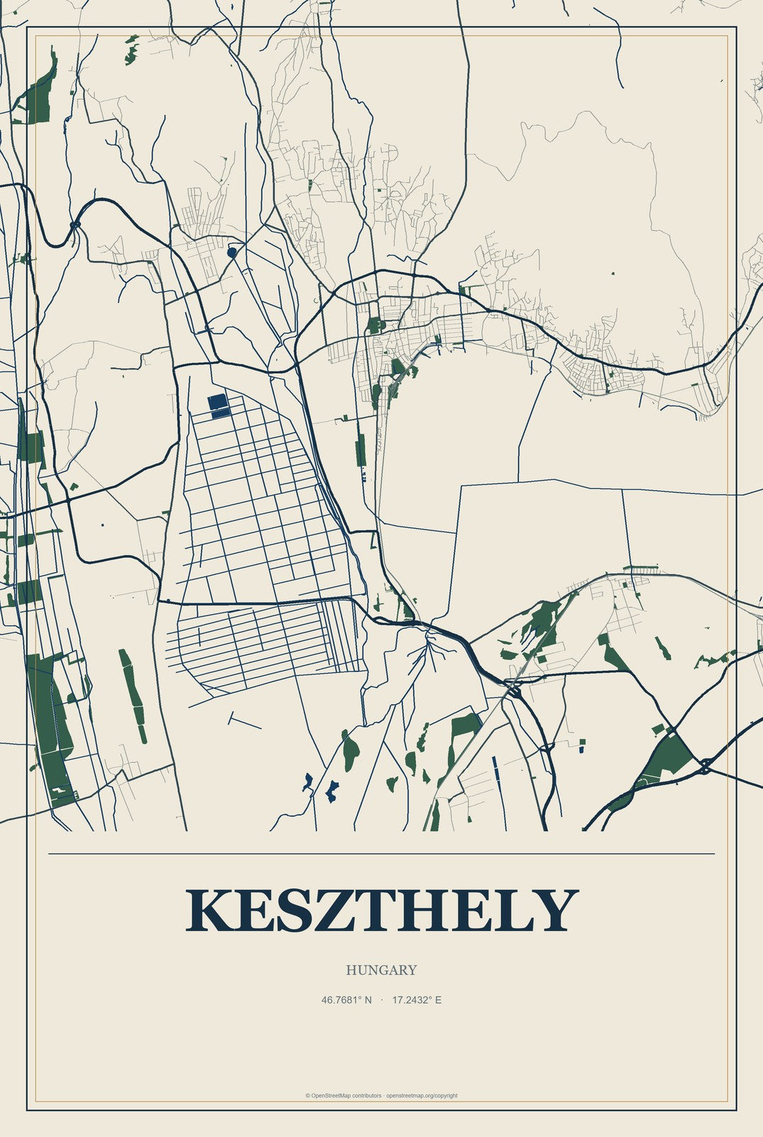 Keszthely, Hungary City Map Aluminum Sign in Coastal Cutout style