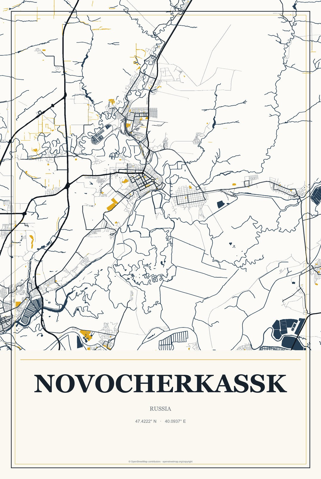 Novocherkassk, Russia City Map Aluminum Sign in Citrine Modern style