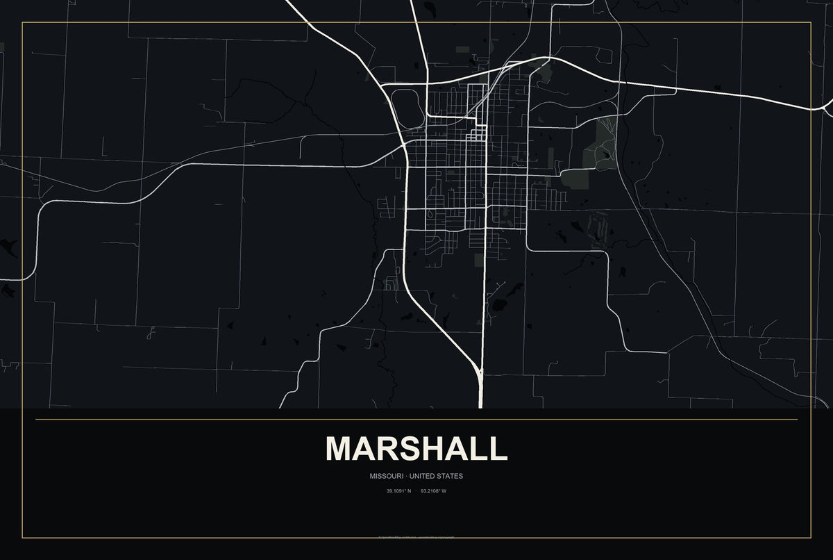 Marshall, Missouri City Map Aluminum Sign in Metropolitan Noir style