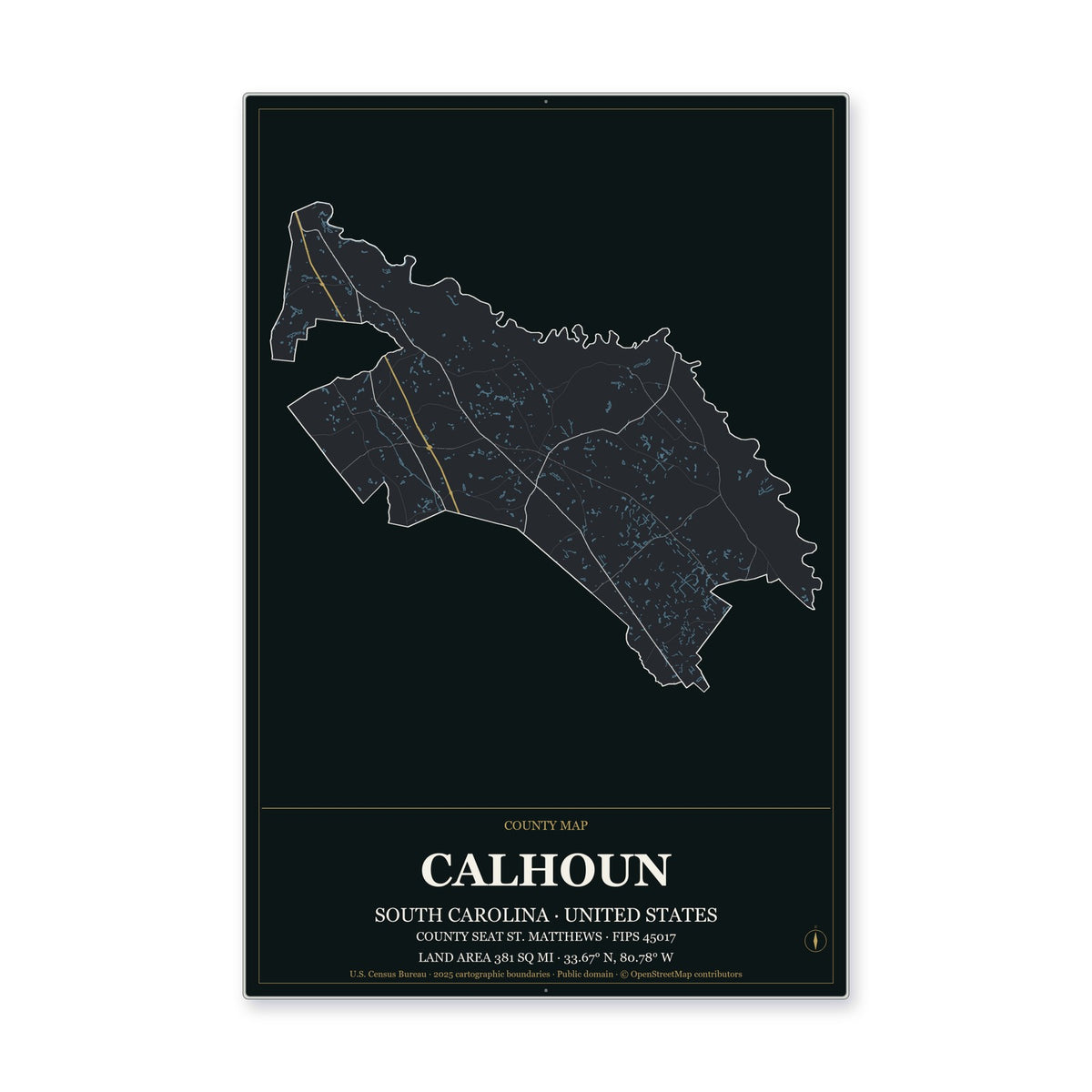 Calhoun County, South Carolina Map Aluminum Sign in Metropolitan Noir style