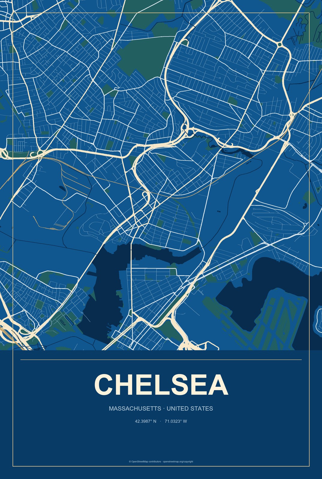 Chelsea, Massachusetts City Map Aluminum Sign in Harbor Cobalt style