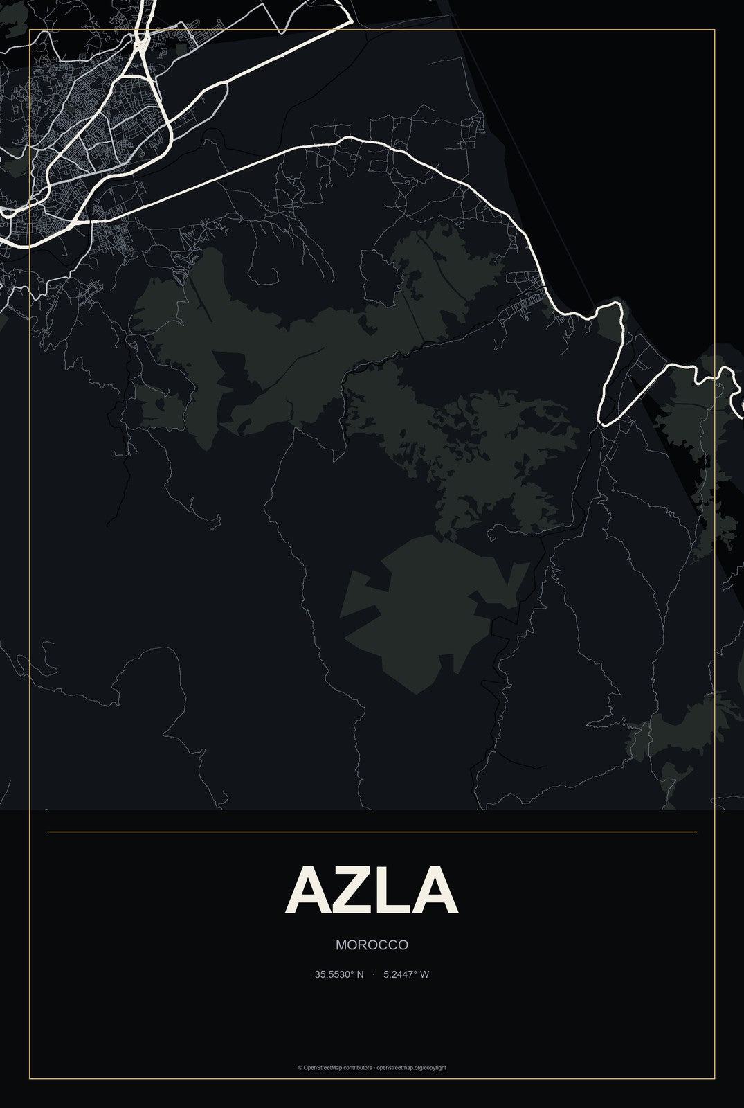 Azla, Morocco City Map Aluminum Sign in Metropolitan Noir style