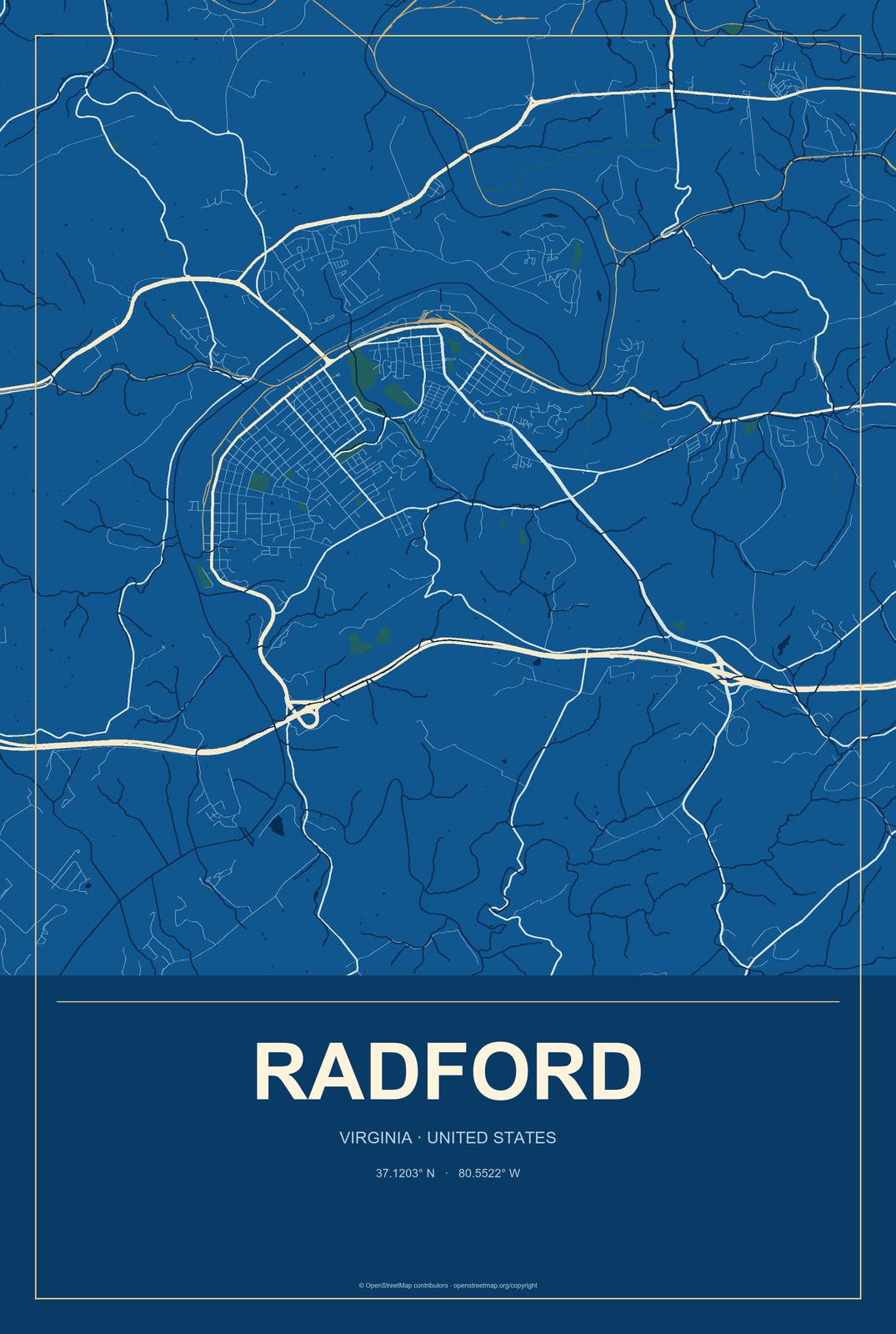 Radford, Virginia City Map Aluminum Sign in Harbor Cobalt style