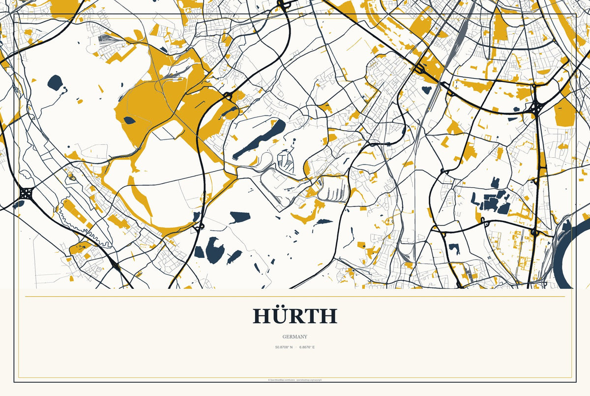 Hürth, Germany City Map Aluminum Sign in Citrine Modern style