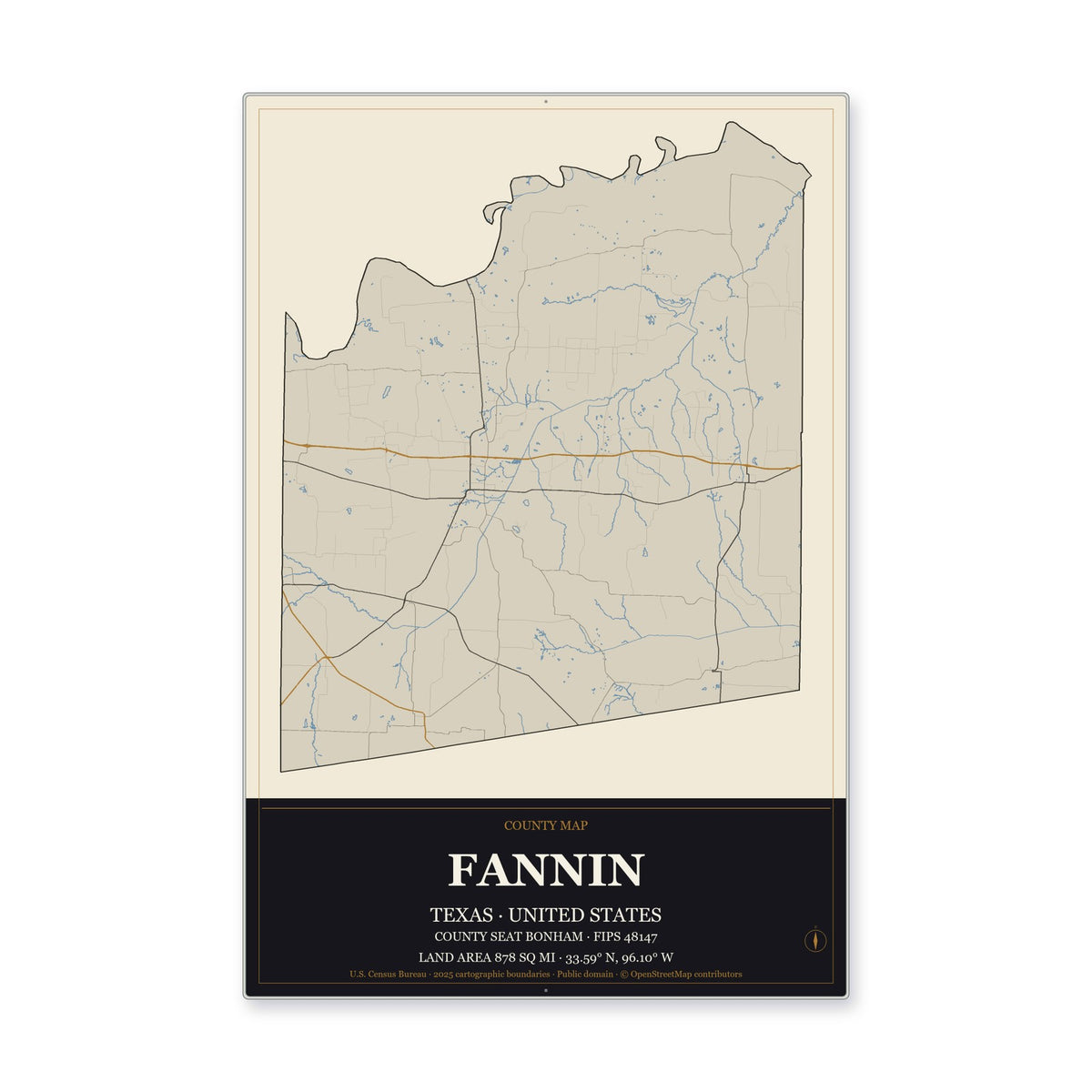 Fannin County, Texas Map Aluminum Sign in Museum Plaque style