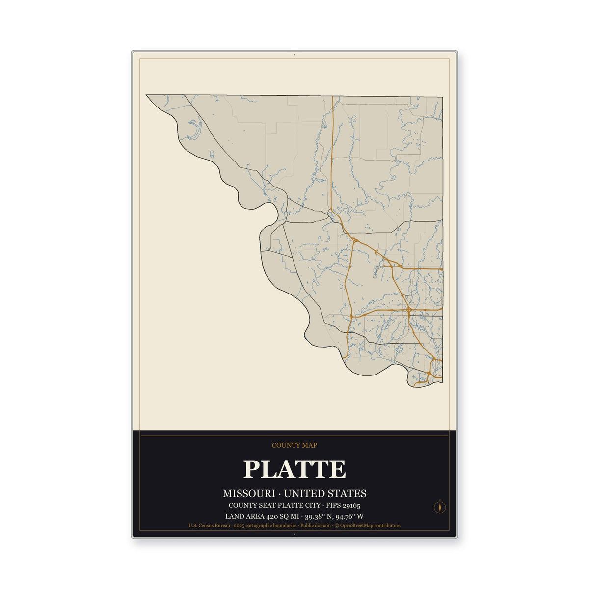 Platte County, Missouri Map Aluminum Sign in Museum Plaque style