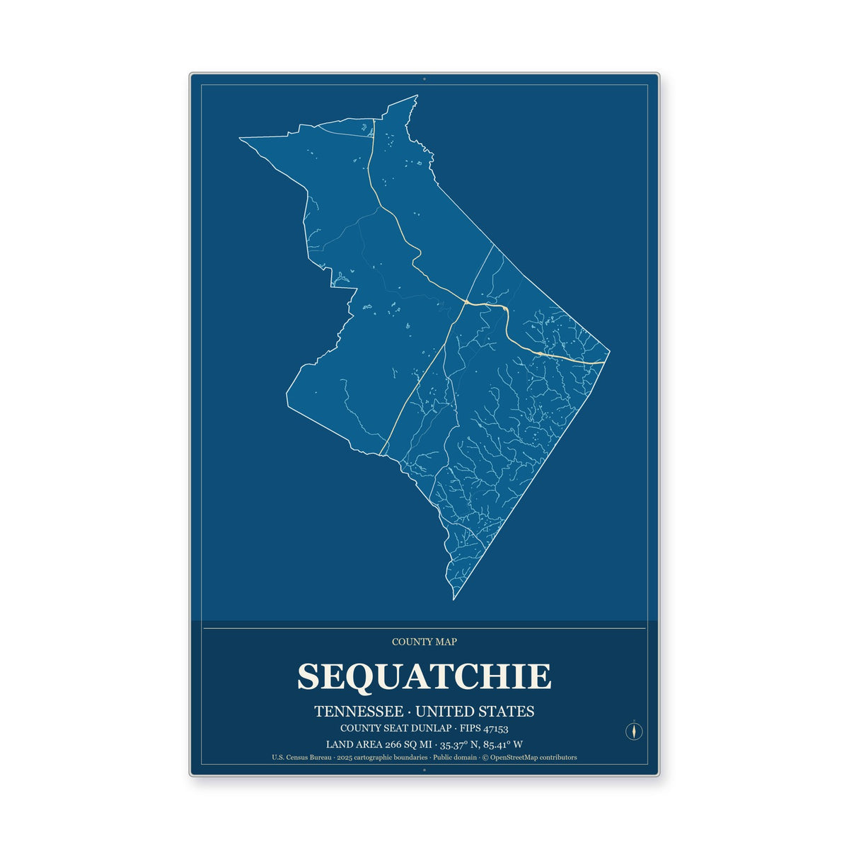 Sequatchie County, Tennessee Map Aluminum Sign in Harbor Cobalt style