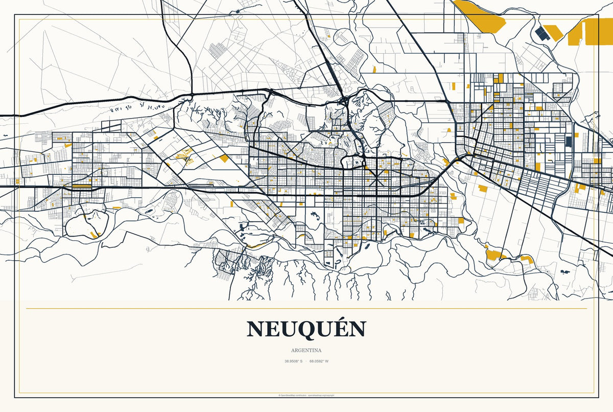 Neuquén, Argentina City Map Aluminum Sign in Citrine Modern style