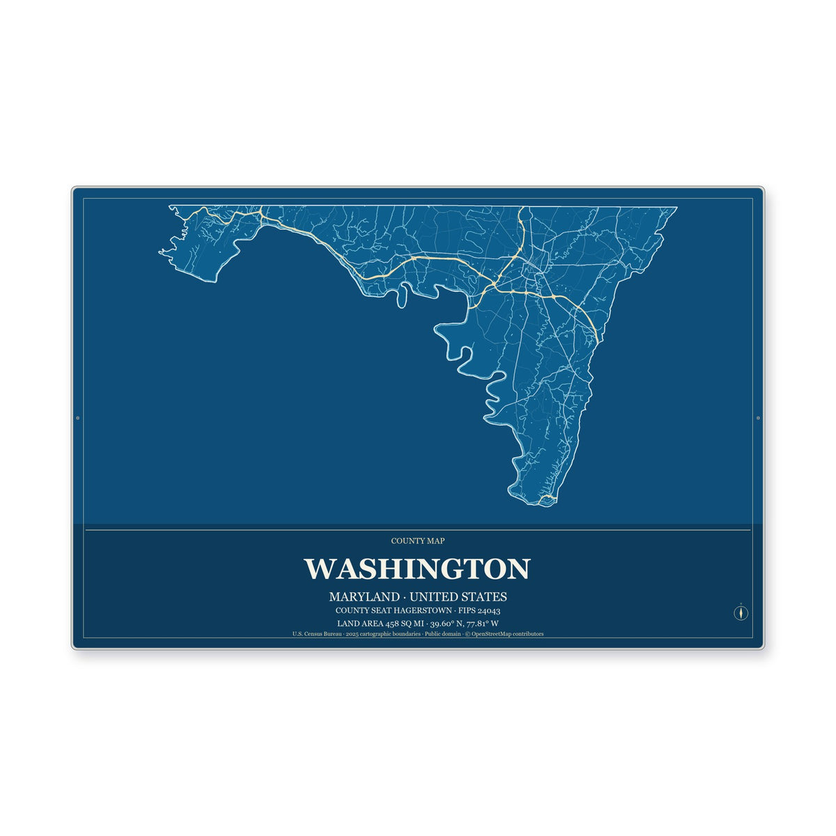Washington County, Maryland Map Aluminum Sign in Harbor Cobalt style