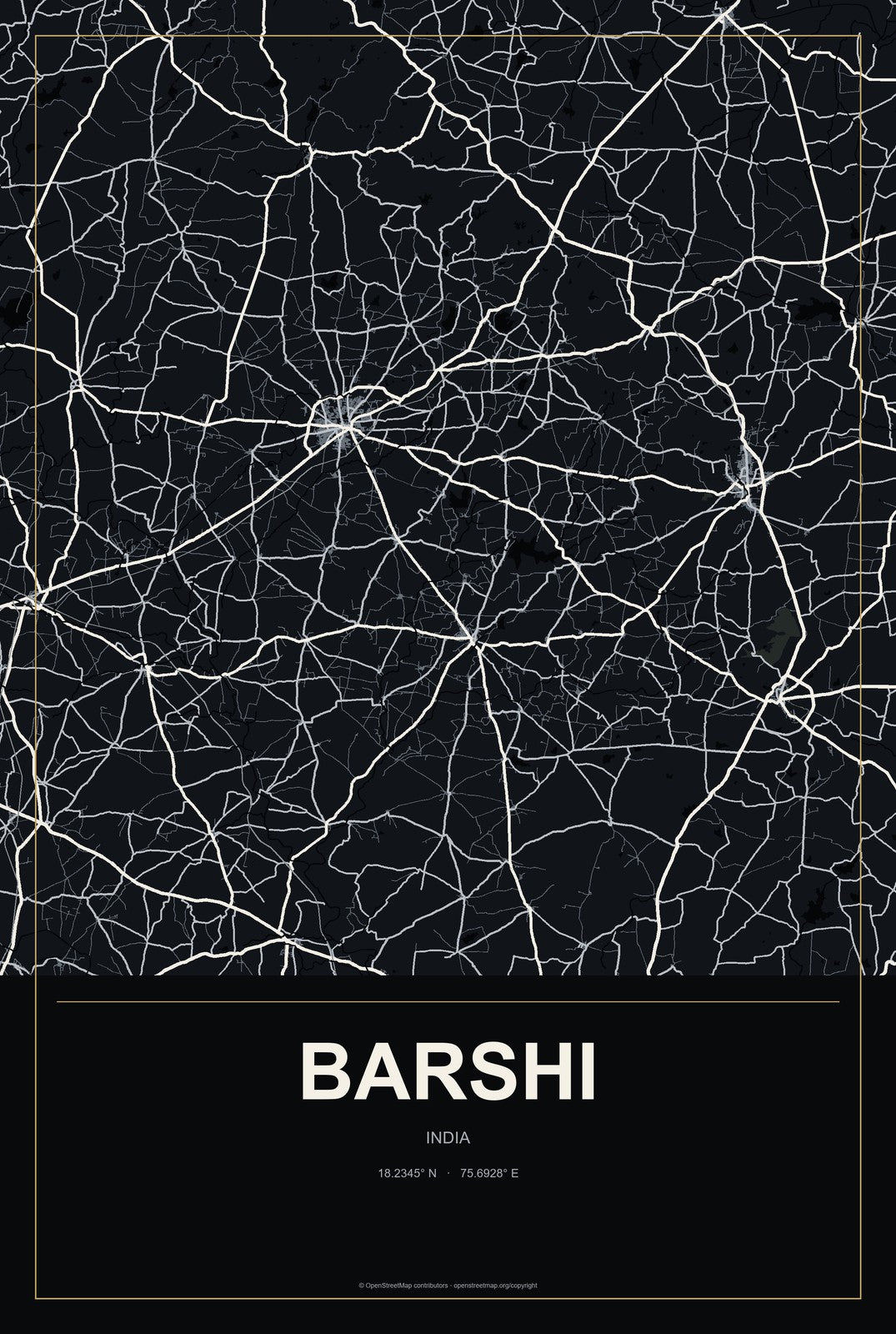 Barshi, India City Map Aluminum Sign in Metropolitan Noir style
