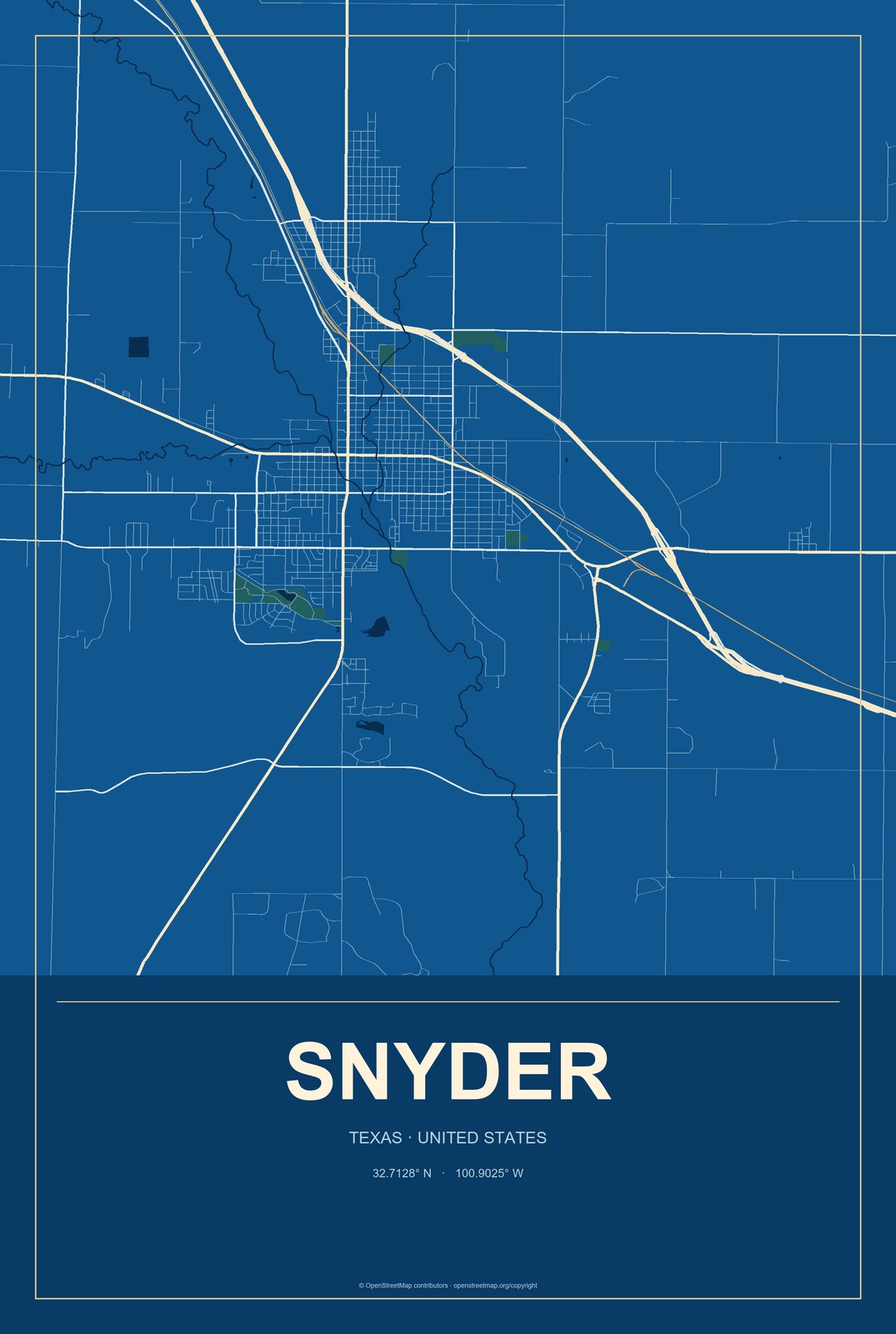 Snyder, Texas City Map Aluminum Sign in Harbor Cobalt style