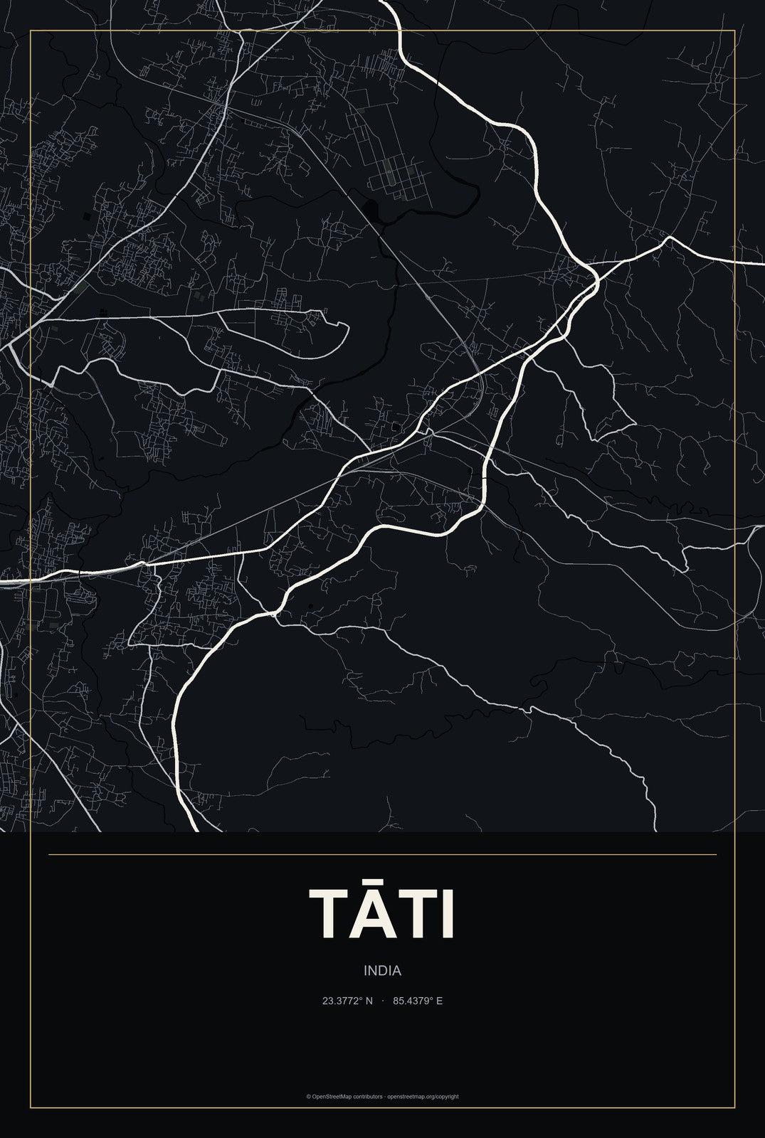 Tāti, India City Map Aluminum Sign in Metropolitan Noir style