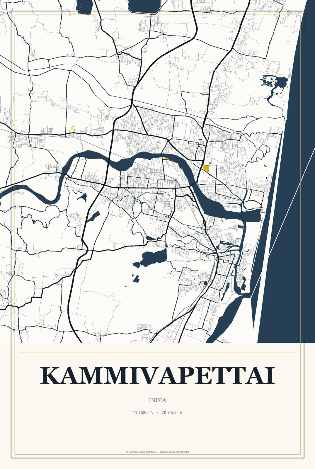 Kammivapettai, India City Map Aluminum Sign in Citrine Modern style