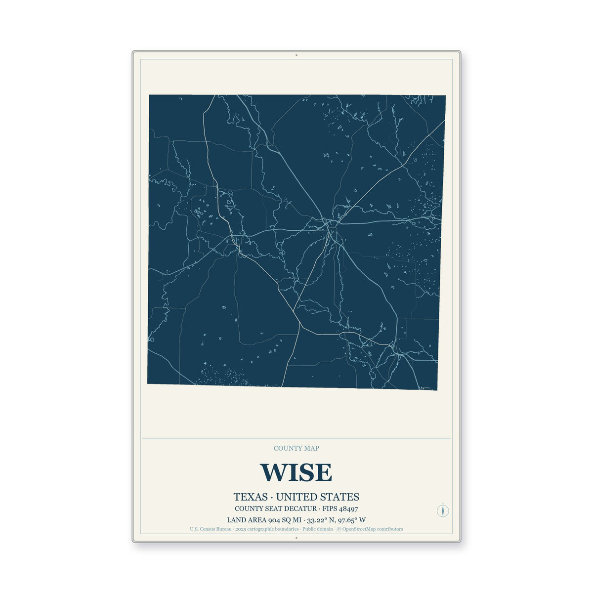 Wise County, Texas Map Aluminum Sign in Coastal Cutout style