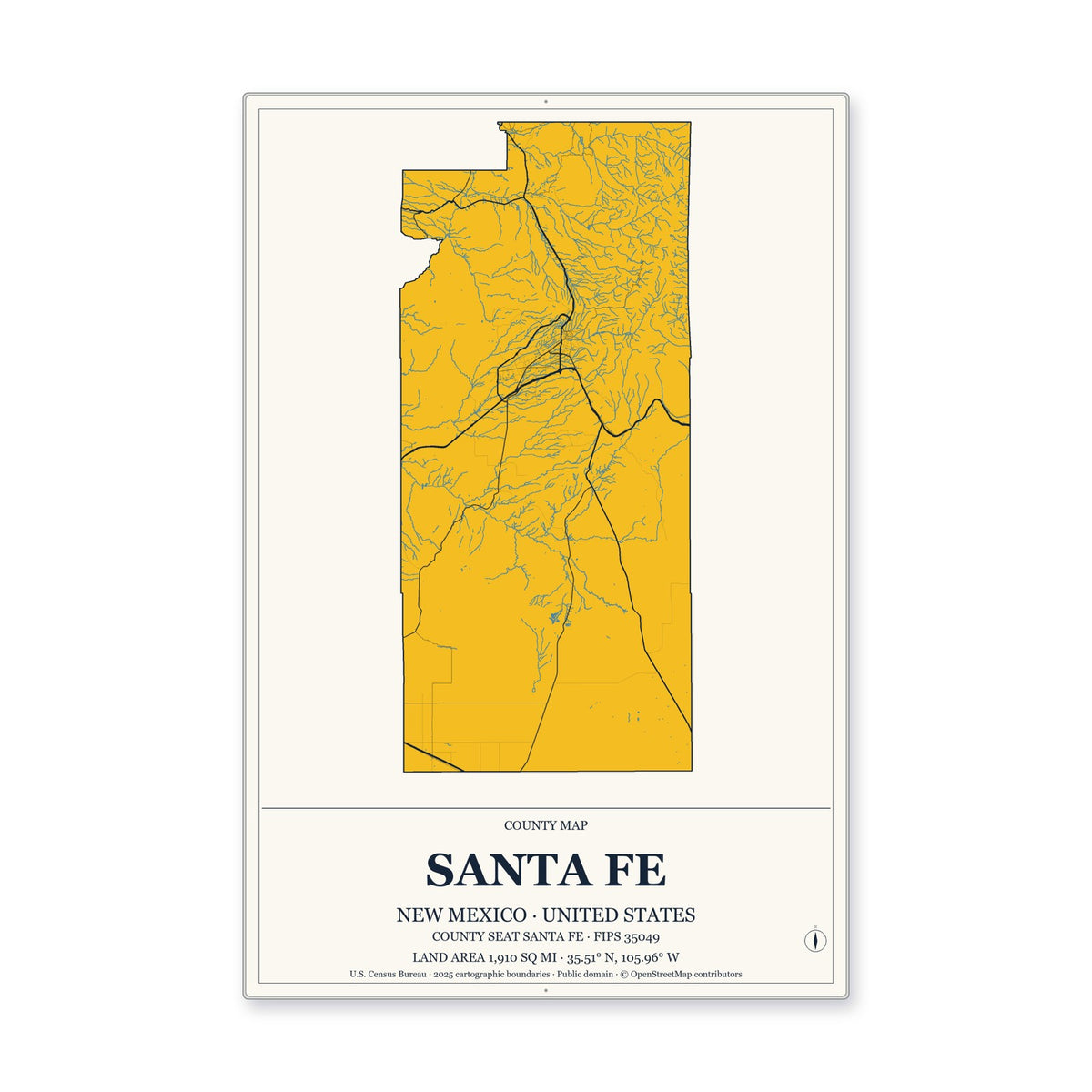 Santa Fe County, New Mexico Map Aluminum Sign in Citrine Modern style