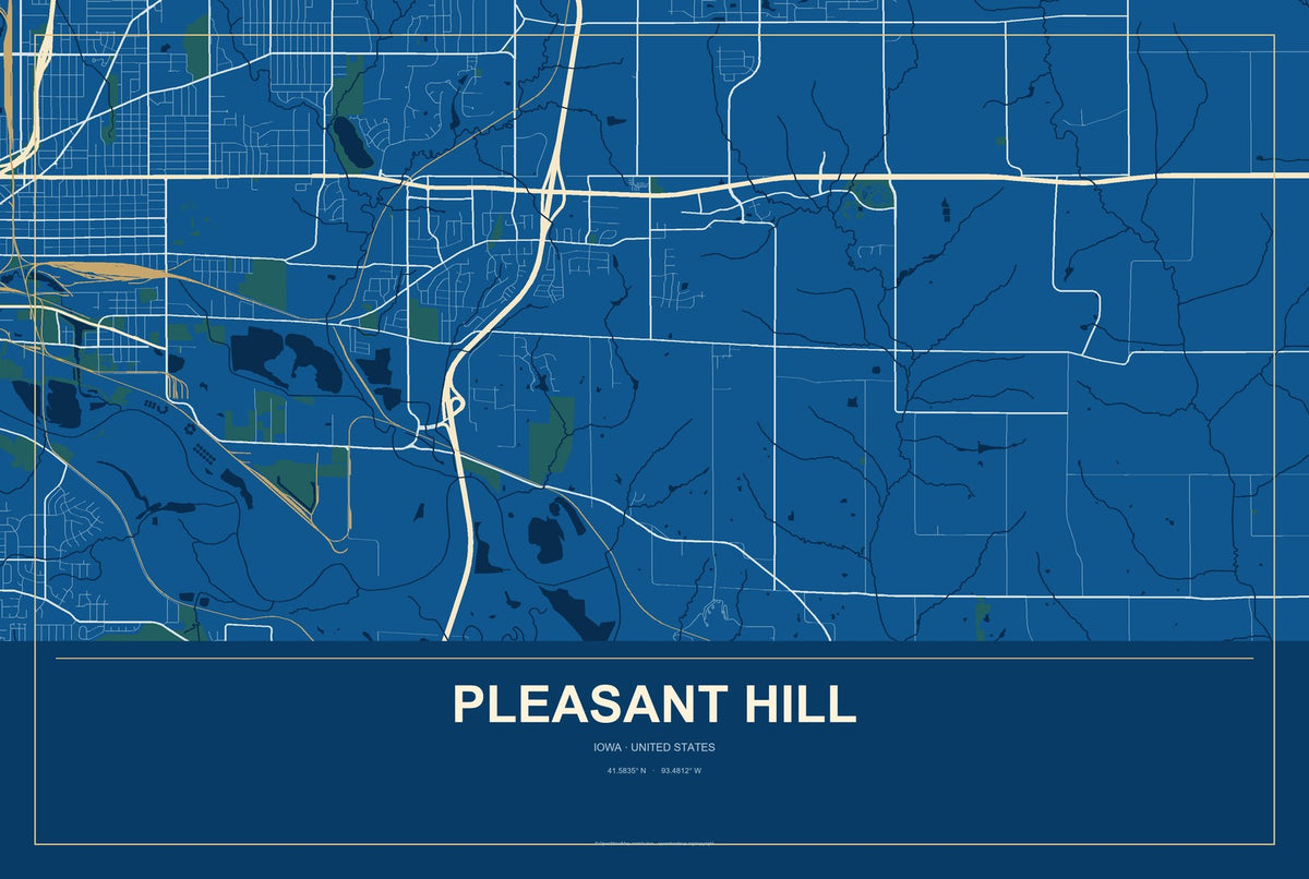 Pleasant Hill, Iowa City Map Aluminum Sign in Harbor Cobalt style