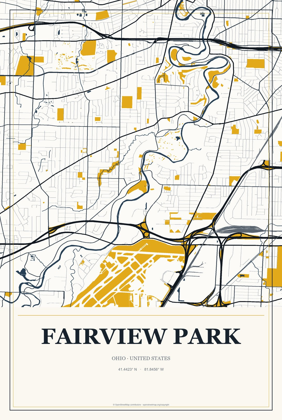 Fairview Park, Ohio City Map Aluminum Sign in Citrine Modern style