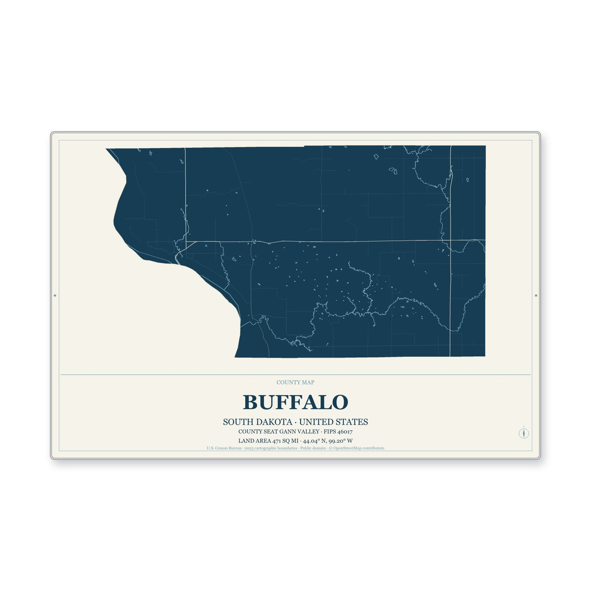 Buffalo County, South Dakota Map Aluminum Sign in Coastal Cutout style