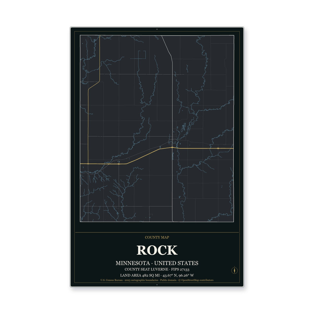 Rock County, Minnesota Map Aluminum Sign in Metropolitan Noir style