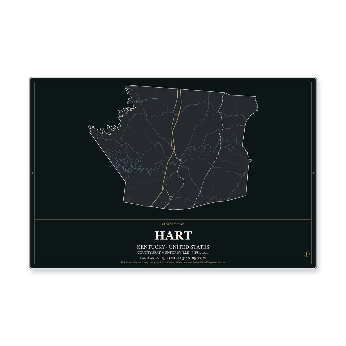 Hart County, Kentucky Map Aluminum Sign in Metropolitan Noir style