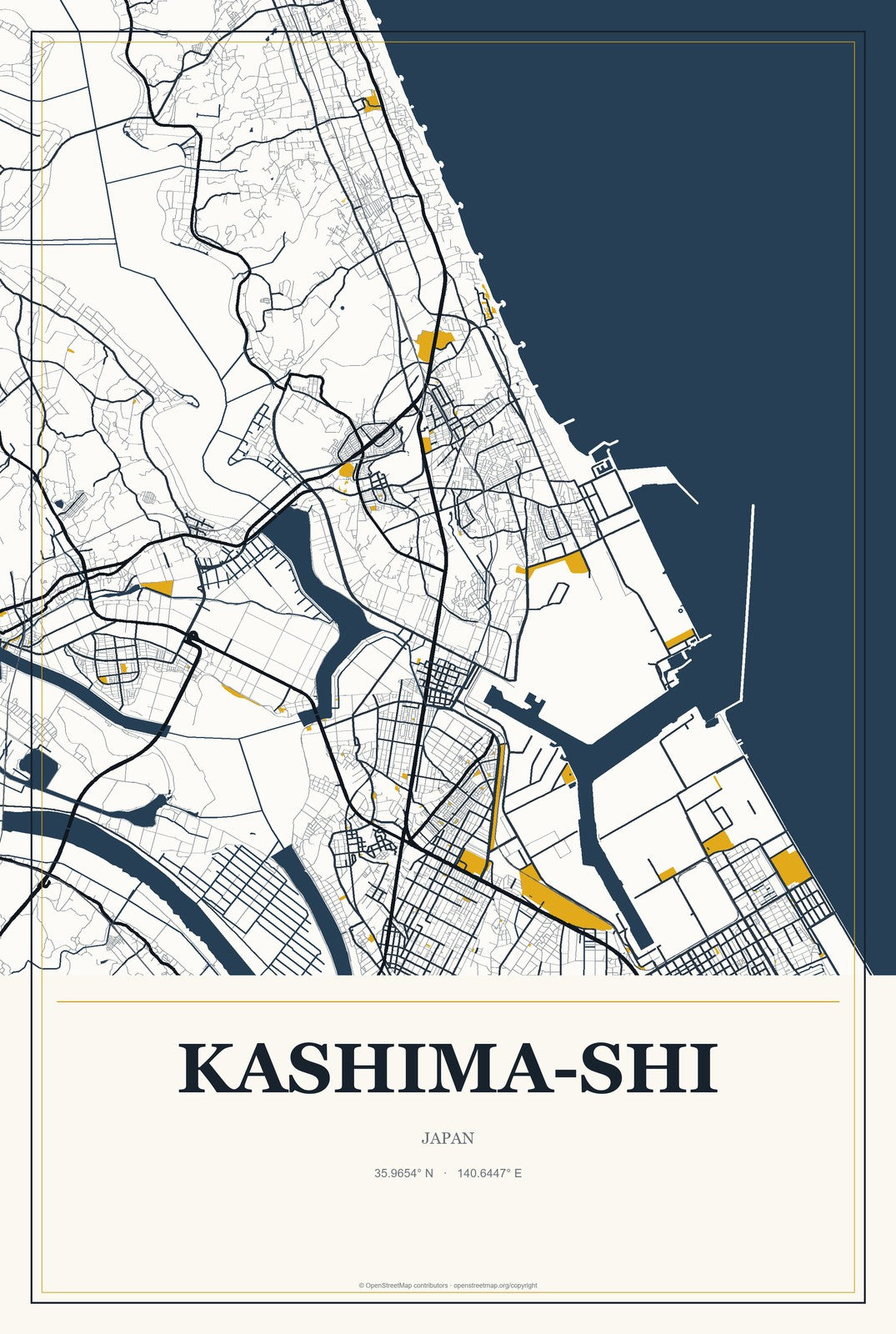 Kashima-shi, Japan City Map Aluminum Sign in Citrine Modern style