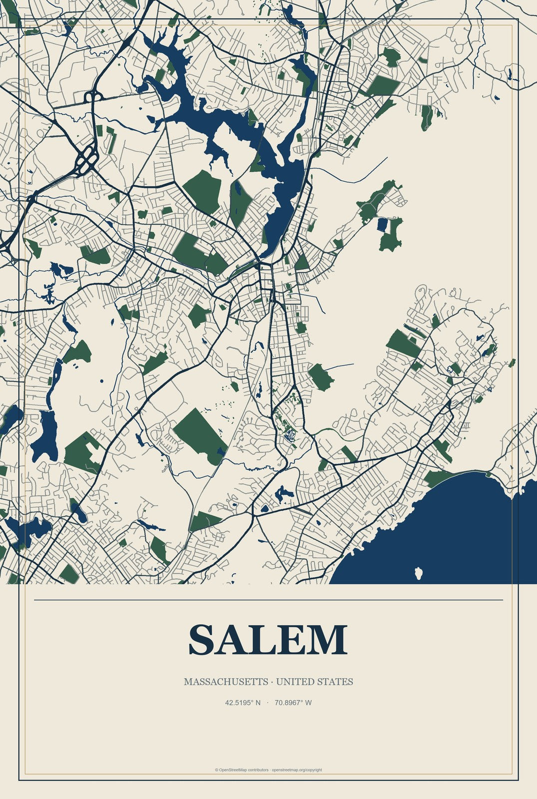 Salem, Massachusetts City Map Aluminum Sign in Coastal Cutout style