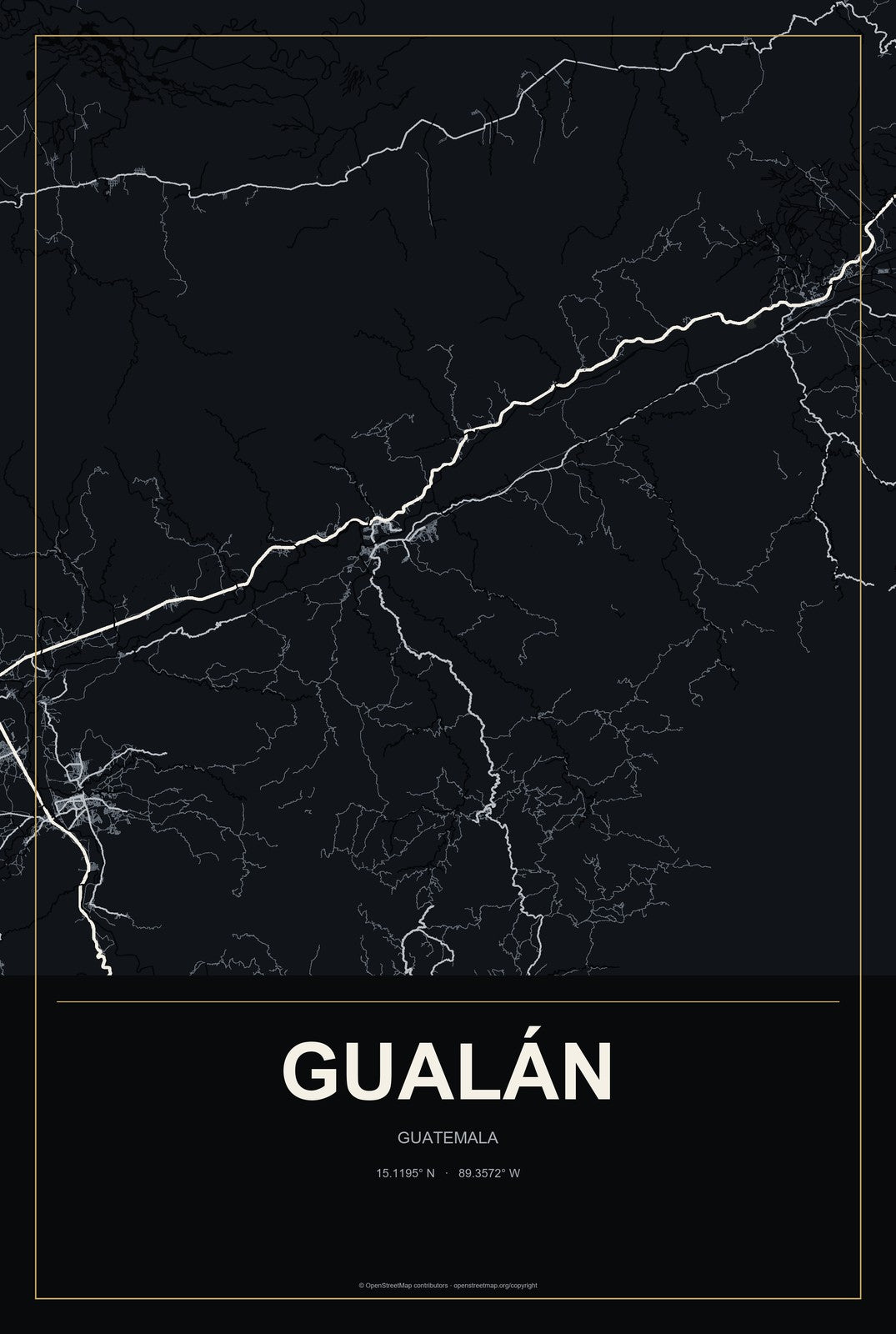 Gualán, Guatemala City Map Aluminum Sign in Metropolitan Noir style
