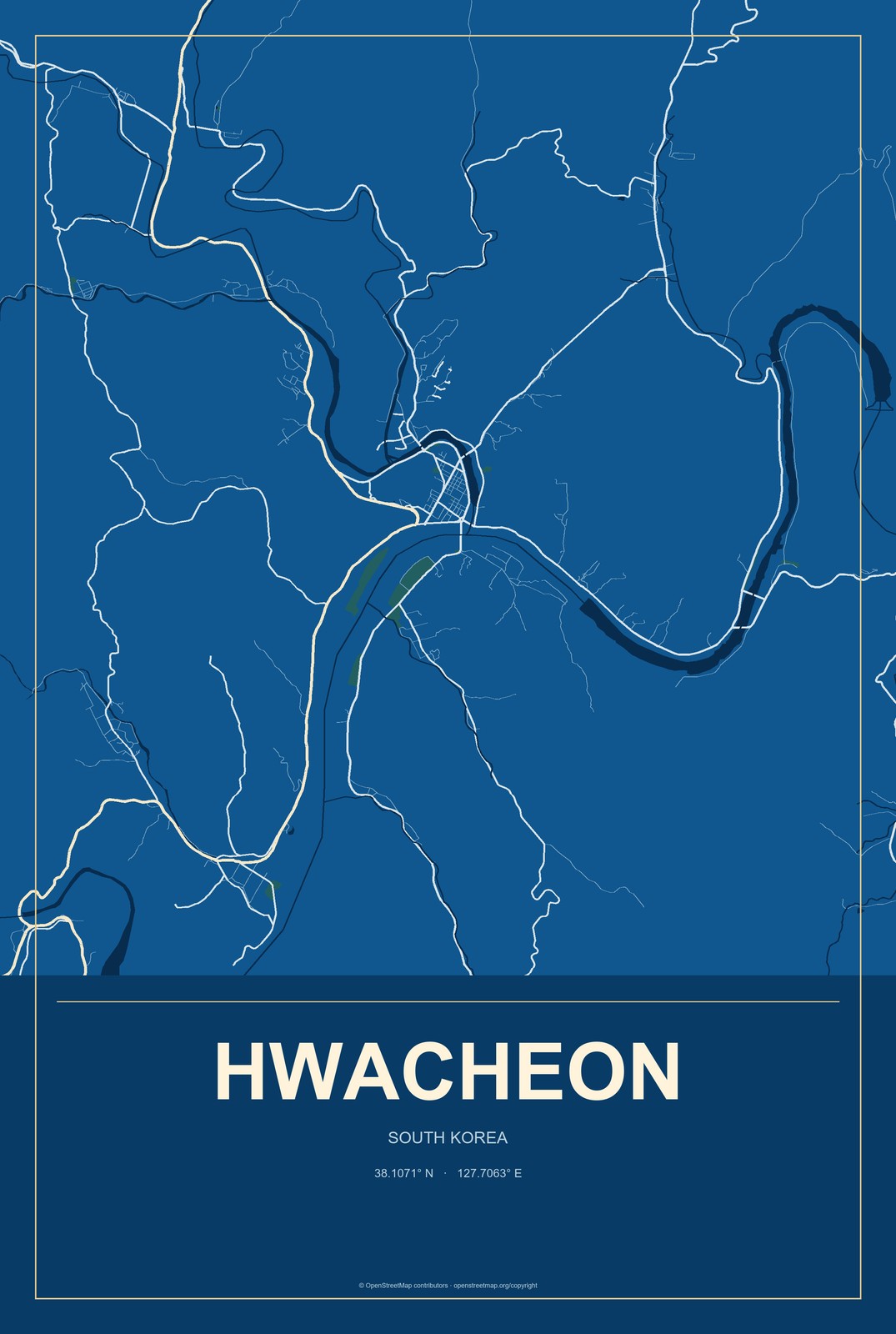 Hwacheon, South Korea City Map Aluminum Sign in Harbor Cobalt style