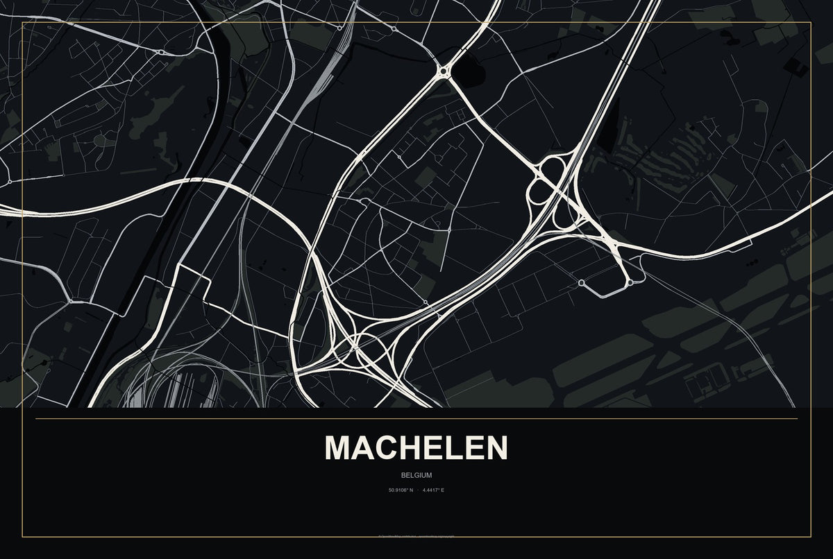 Machelen, Belgium City Map Aluminum Sign in Metropolitan Noir style