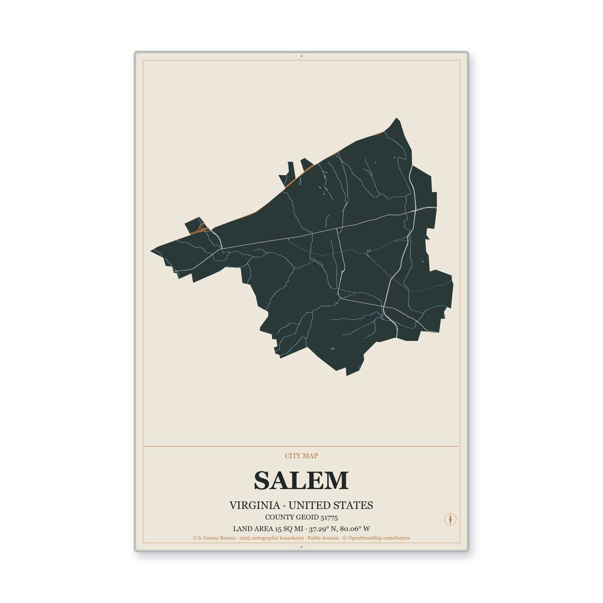 Salem city, Virginia Map Aluminum Sign in Headline Atlas style
