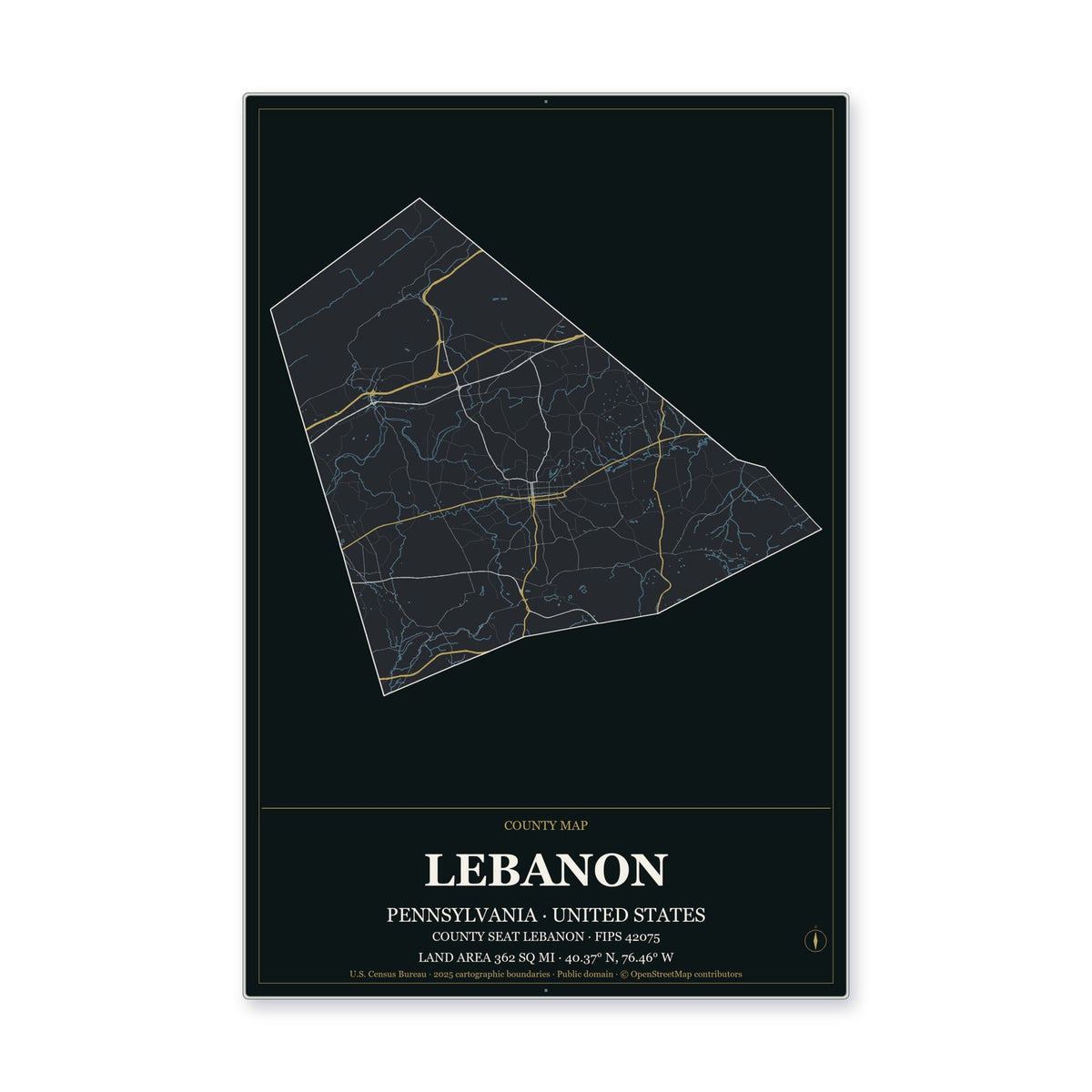 Lebanon County, Pennsylvania Map Aluminum Sign in Metropolitan Noir style