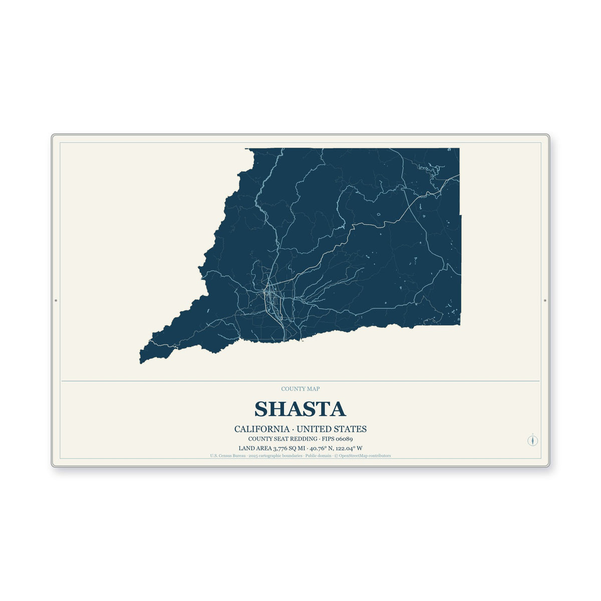 Shasta County, California Map Aluminum Sign in Coastal Cutout style