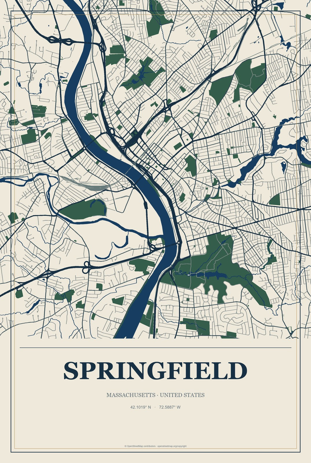 Springfield, Massachusetts City Map Aluminum Sign in Coastal Cutout style