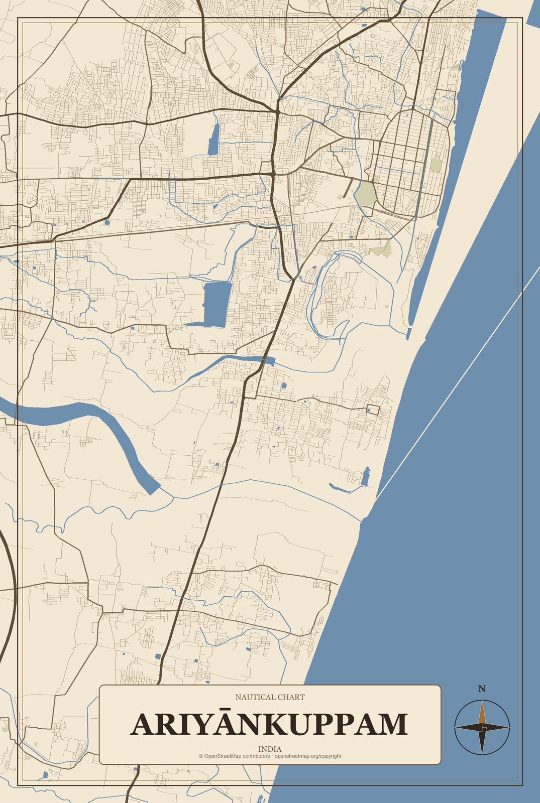 Ariyānkuppam, India City Map Aluminum Sign in Heritage Nautical style