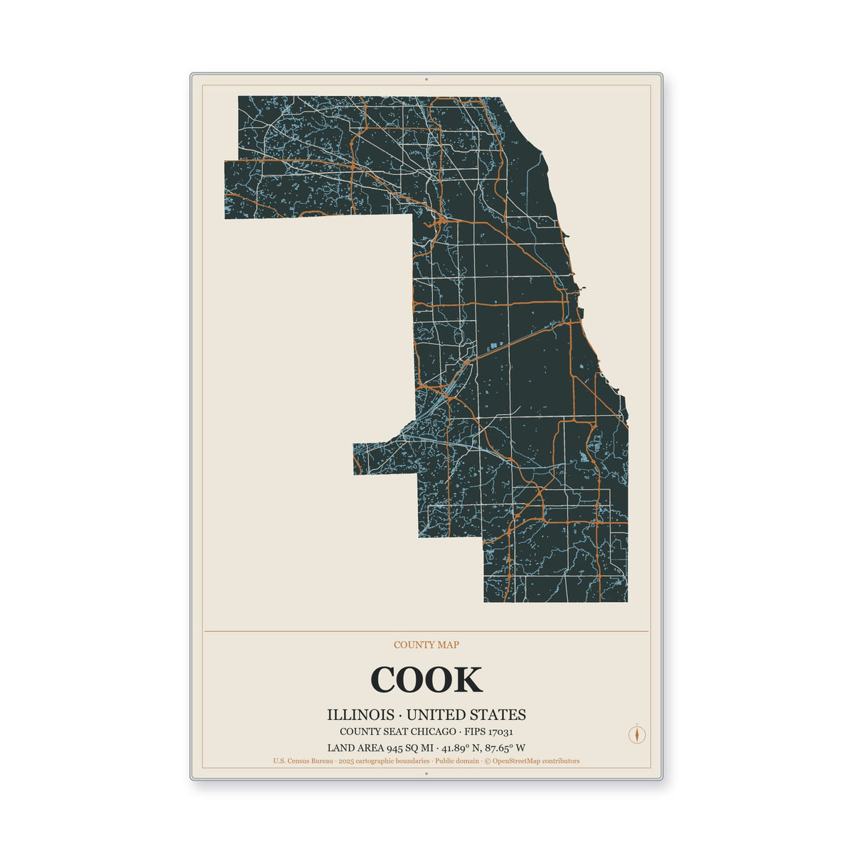 Cook County, Illinois Map Aluminum Sign in Headline Atlas style