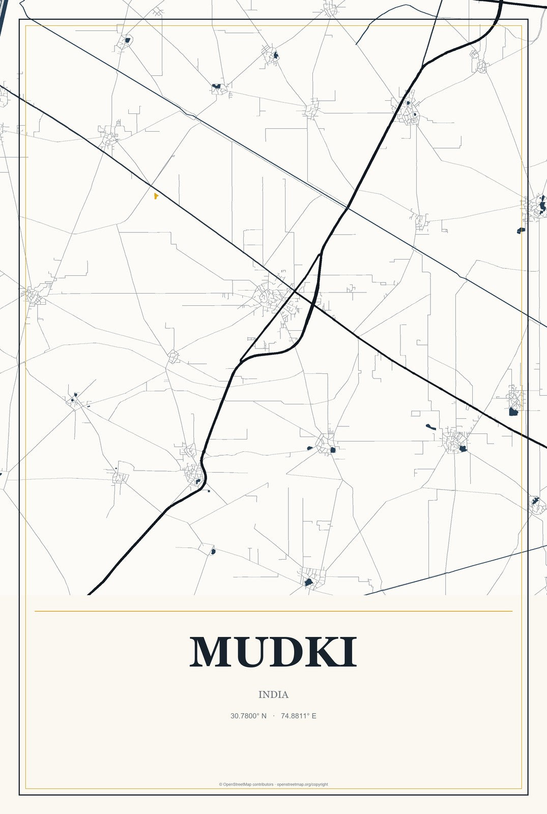 Mudki, India City Map Aluminum Sign in Citrine Modern style