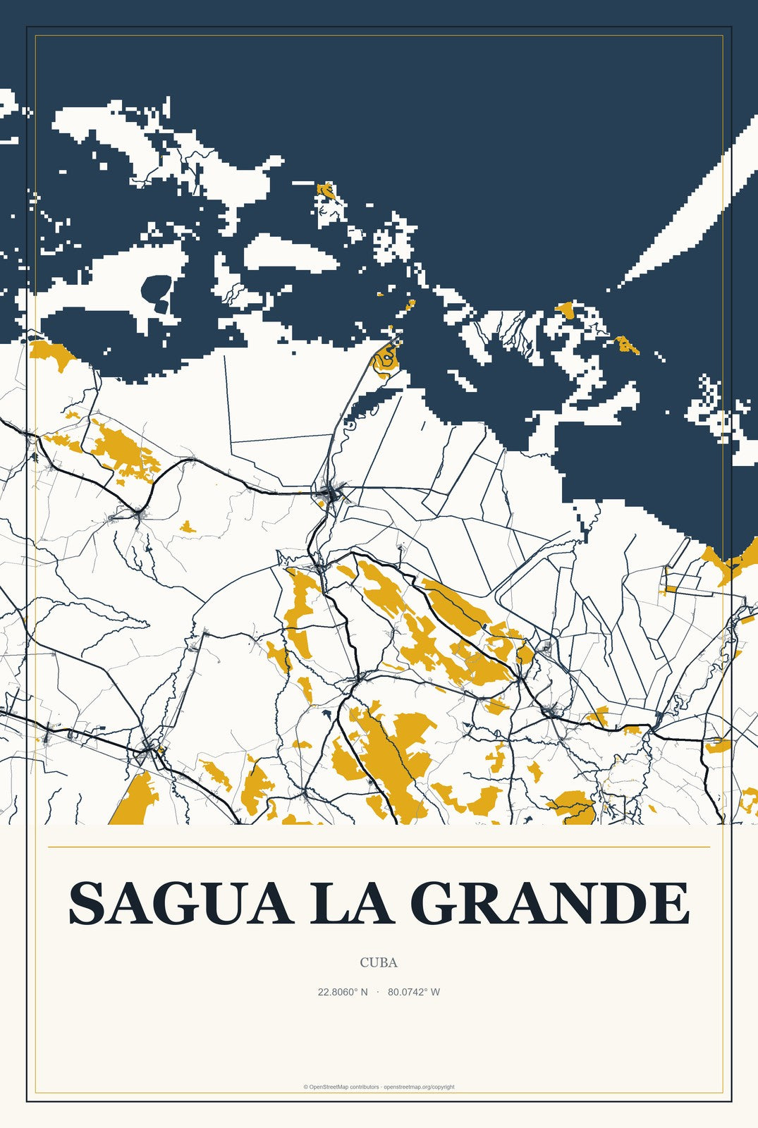 Sagua la Grande, Cuba City Map Aluminum Sign in Citrine Modern style