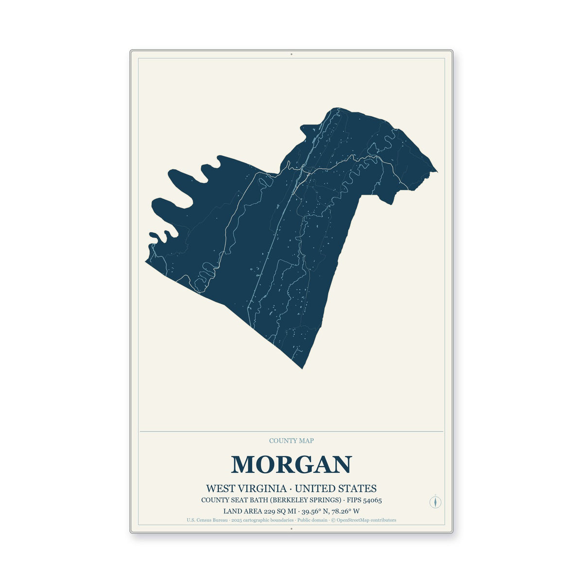 Morgan County, West Virginia Map Aluminum Sign in Coastal Cutout style