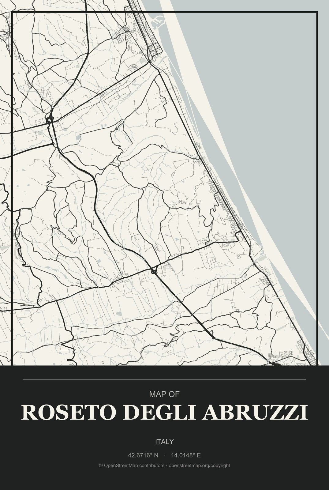 Roseto degli Abruzzi, Italy City Map Aluminum Sign in Museum Plaque style