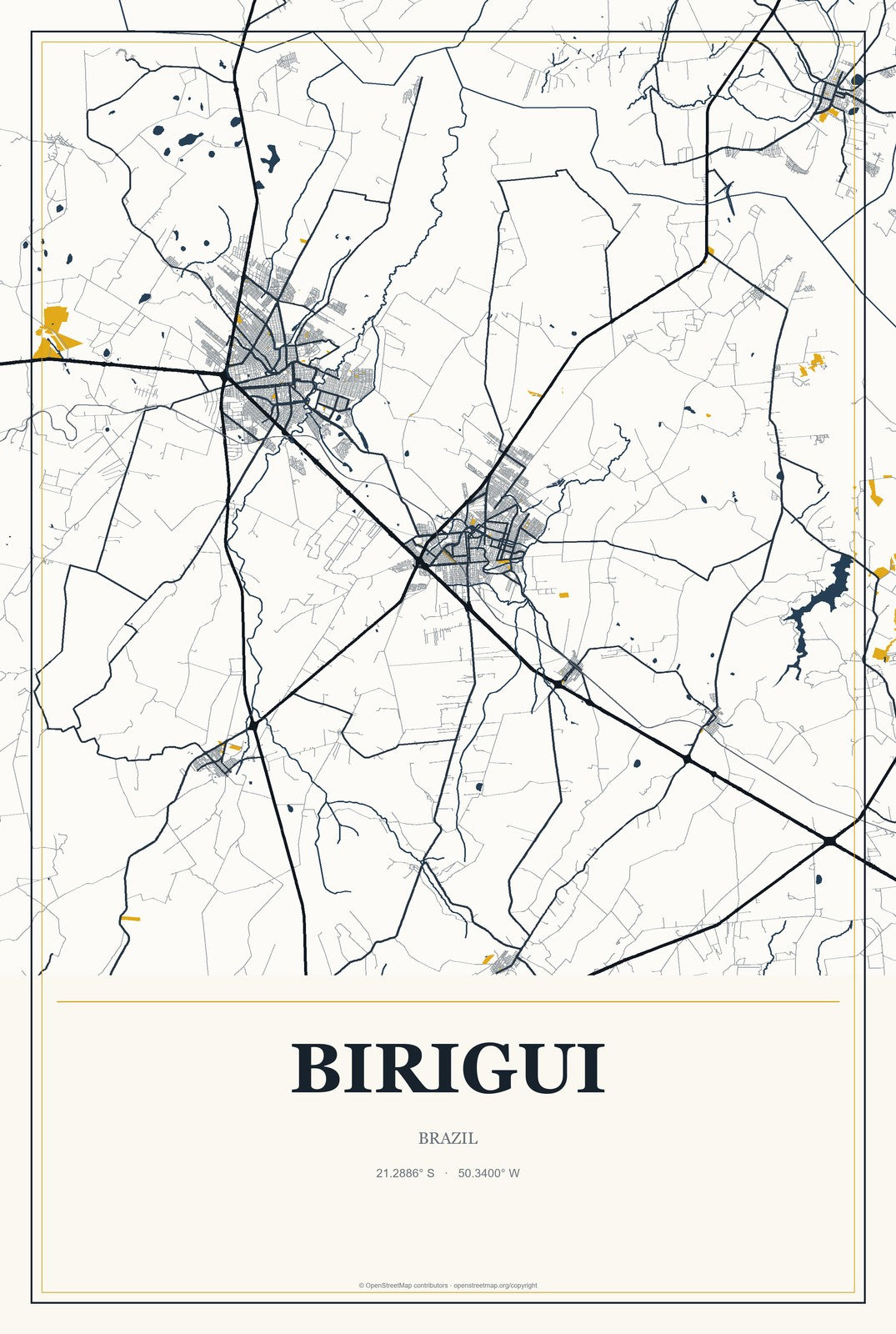 Birigui, Brazil City Map Aluminum Sign in Citrine Modern style